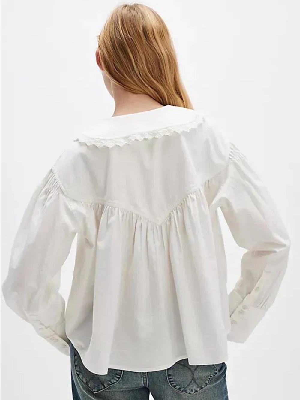 We The Free Summit Shirt White Lace Collar Cotton Blouse M - Picture 2 of 9